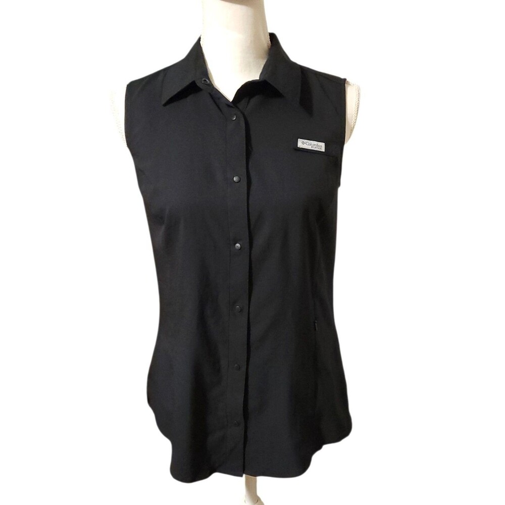 Columbia PFG Sleeveless Shirt Snap Front Zip Pocket Vented Black Womens Size S